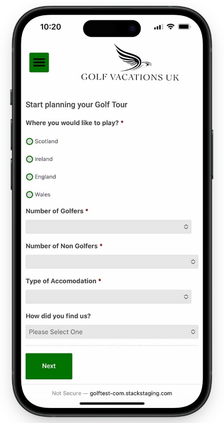 Golf vacations UK Mobile Website Contact Form