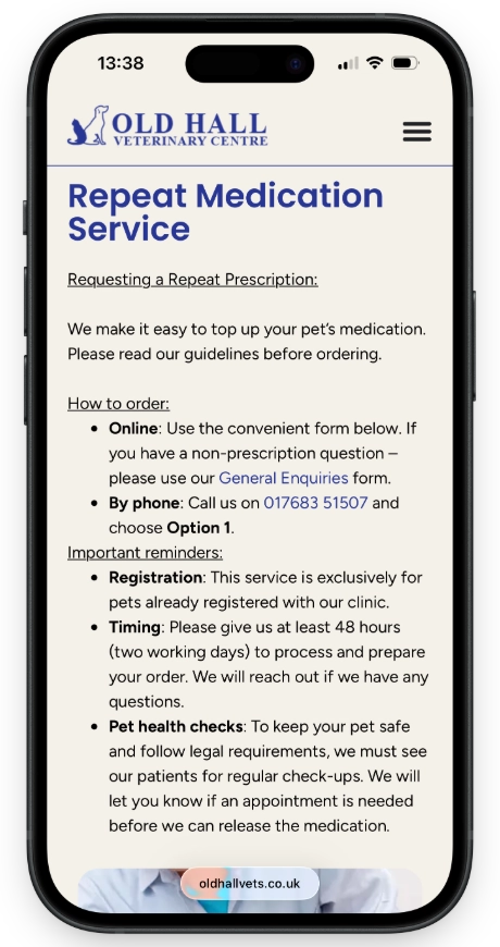 Old Hall Vets Mobile Website Repeat Medication Page