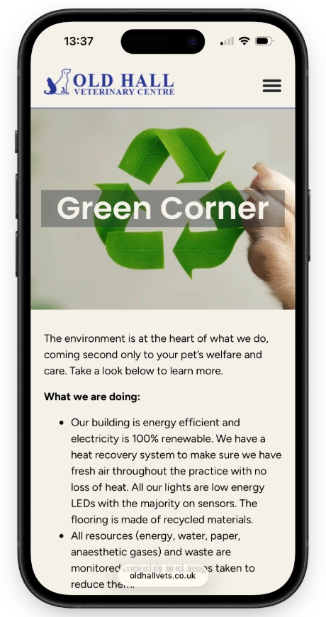Old Hall Vets Mobile Website Green Page