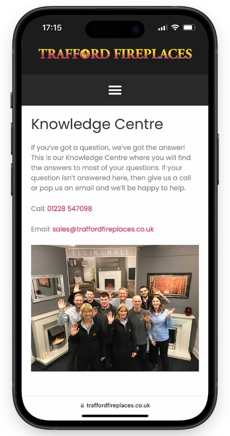 Trafford Fireplaces Website Mobile Knowledge Centre